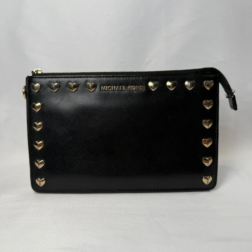 Michael Kors Heart Studded Clutch Bag Women Small Black Leather Gold Tone Zip